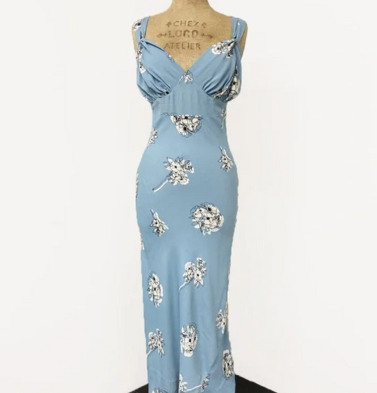 Sold out Loco Lindo Blue Stencil Harlow 1930s dress. Size M