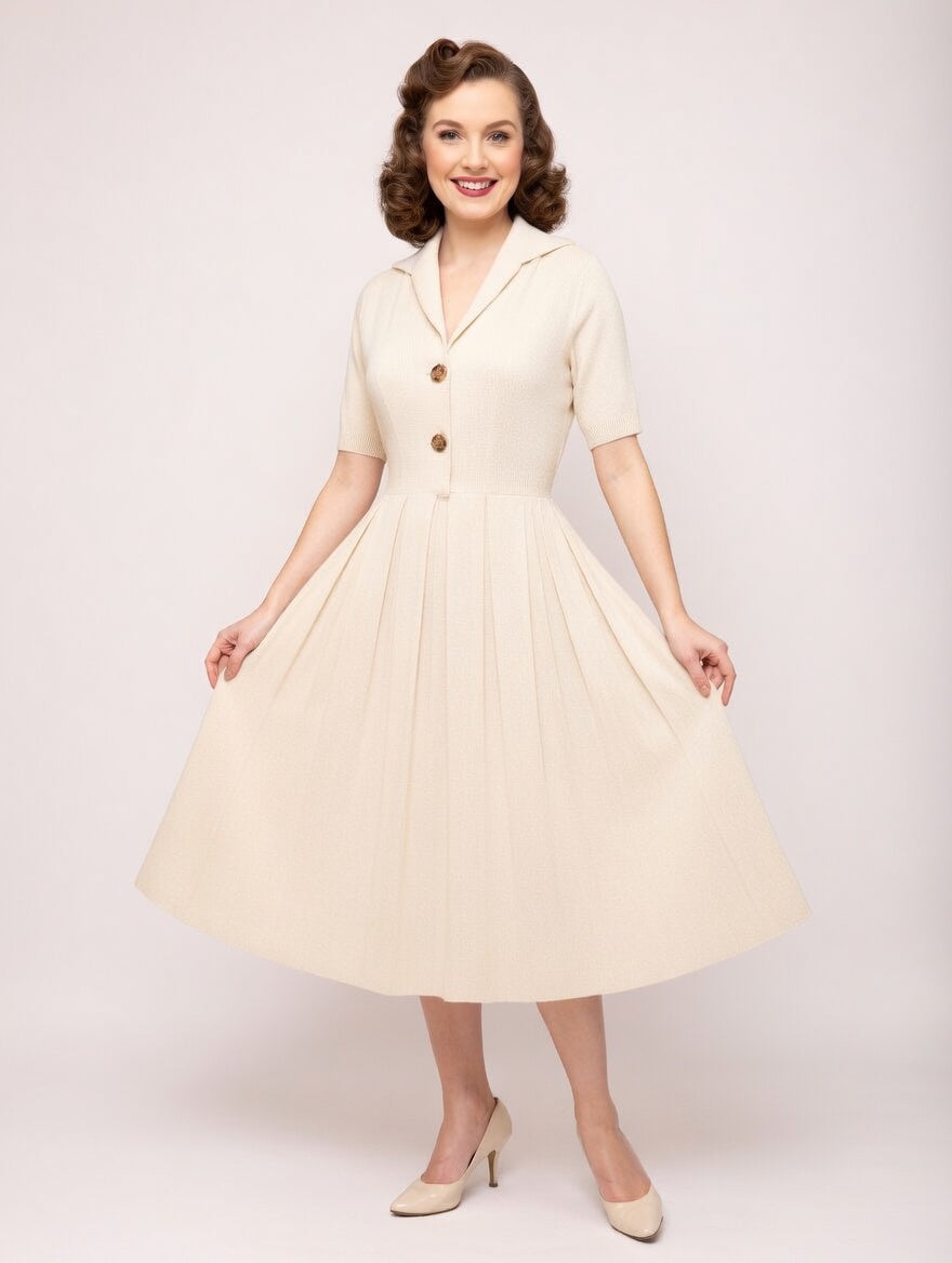 1950s Cream Tea-Time Swing Dress