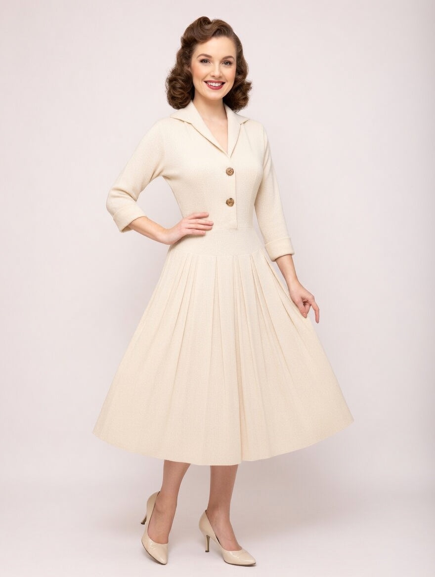 1950s Cream Tea-Time Swing Dress